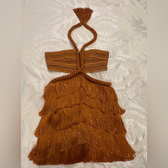 PatBO- PAMPAS FRINGE CUT OUT BRONZE MINI DRESS! - Picture 1 of 8